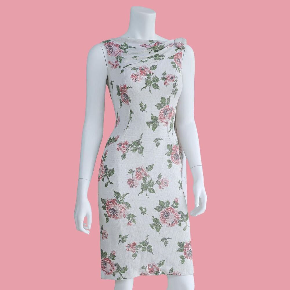 Vintage Floral Rose Wiggle Dress Small White Pink Sleeveless Cocktail Party 50s